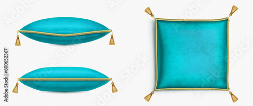 Turquoise royal cushion with gold tassel for crown. Isolated 3d velvet square pillow for jewelry on transparent background in top and side view. Vintage realistic soft decoration for monarch wedding