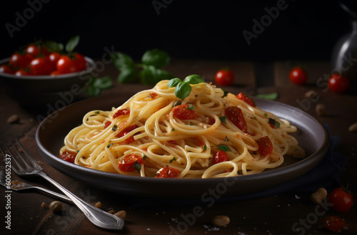 Close up of healthy Pasta with oliveoil and tomatoes