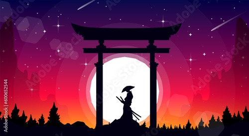 samurai in front of traditional japanese gate. japan theme background. samurai wallpaper. landscape fantasy wallpaper. japanese samurai theme background. torii gate with samurai.