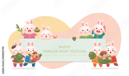 Lots of cute rabbit mascots with notice boards celebrating Dragon Boat Festival, a traditional festival in China and Taiwan