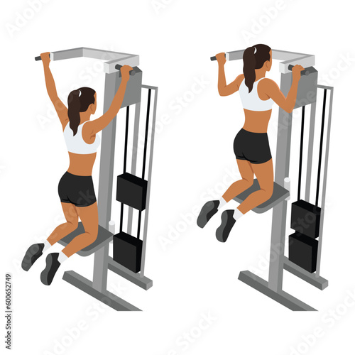 Woman doing pull ups exercise. Machine or assisted pull up. Flat vector illustration isolated on white background