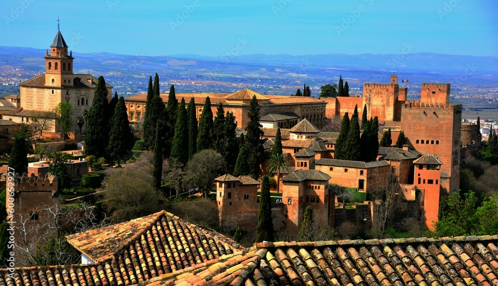Vue panoramique sur l'Eglise Santa Maria de la Encarnacion et l'Alhambra, Espagne, Europe 2