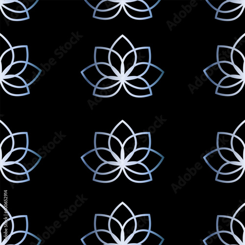 Lotus flower metallic gradient seamless pattern on black background. Vector print.