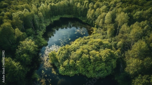  an aerial view of a forest with a river running through it. generative ai
