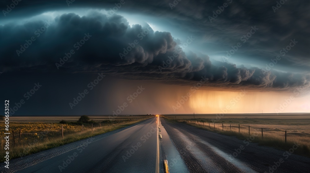  a storm cloud looms over a road in the middle of nowhere.  generative ai