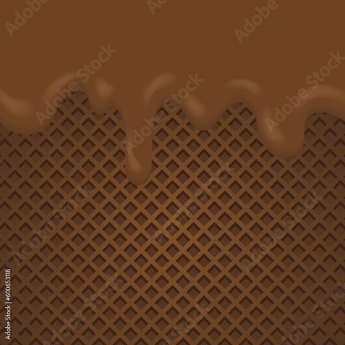 Melted chocolate dripping background. Flowing melted chocolate cartoon on wafel vector illustration