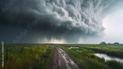  a large storm cloud looms over a dirt road in a grassy field. generative ai