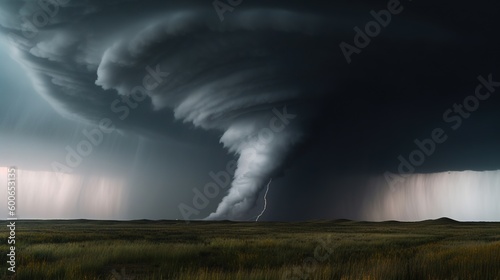  a large storm is coming in over a grassy field with a horse in the foreground. generative ai