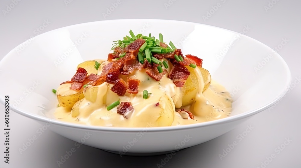 a white bowl filled with pasta covered in bacon and cheese. generative ai a white bowl filled with pasta covered in bacon and cheese. generative ai
