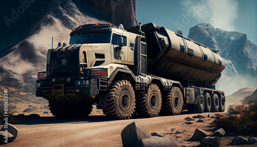 Army lorry truck car on mountain highway Generative AI