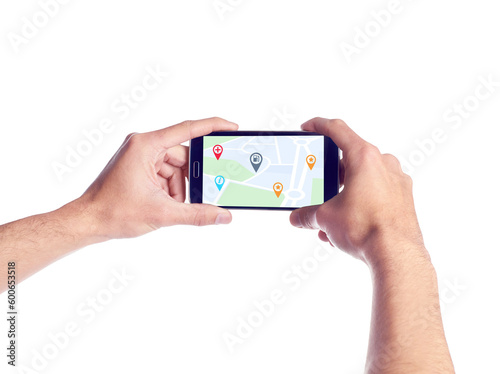 City, person with hands closeup with smartphone and location of digital map on screen in white background. Technology for landmarks or spots, cellphone with tracking data and in studio backdrop