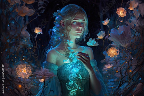 Cartoon princess real person wearing a gorgeous biolumines. Glorious Generative AI. photo