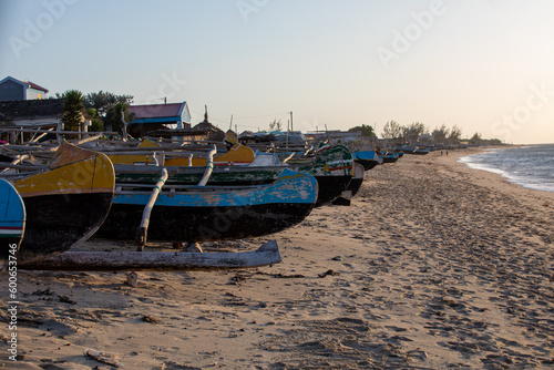 Traditional wooden fishing boats on the tropical beach of Anakao  Tulear  Madagascar. Ocean view with sandy beach