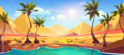 Cartoon oasis in Sahara desert with palm tree vector landscape background. Dubai mirage in arabian sand scene illustration. Dry Morocco land with rock nature near pond water panorama wallpaper photo