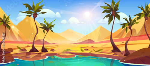 Cartoon oasis in Sahara desert with palm tree vector landscape background. Dubai mirage in arabian sand scene illustration. Dry Morocco land with rock nature near pond water panorama wallpaper