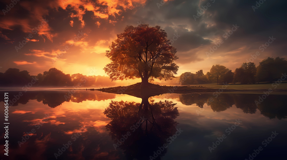 Beautiful  sunset in nature with water and trees