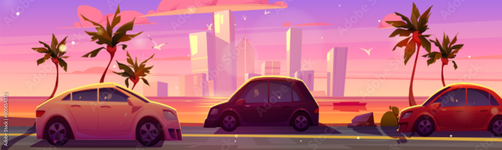 Car drive on road near sea, skyscrapper sunset view vector background. Palm tree on ocean embankment in town summer cartoon illustration. Paradise water coast traffic in sunny vacation island bay.
