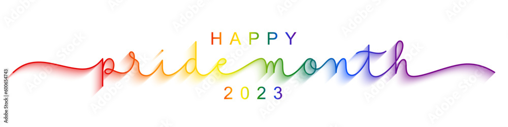 HAPPY PRIDE MONTH 2023 vector monoline calligraphy banner with pride flag colors - obrazy, fototapety, plakaty 