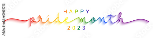HAPPY PRIDE MONTH 2023 vector monoline calligraphy banner with pride flag colors