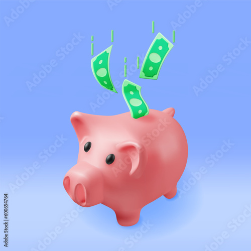 3D Piggy Bank with Dollars Isolated. Render Plastic Piggy Bank for Money. Moneybox in Form of Pig. Concept of Cash Money, Business Deposit Investment, Financial Savings. Vector Illustration