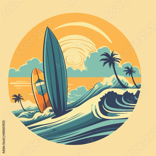 Surfing board and ocean wave tropical beach vintage logo badge vector illustration