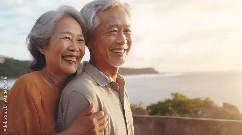 Romantic Asian senior couple by the ocean. Affectionate elderly couple enjoying spending some quality time together after retirement, Generative AI