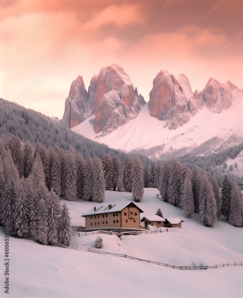 House in winter time landscape, in the style of light orange and magenta. Generative AI.