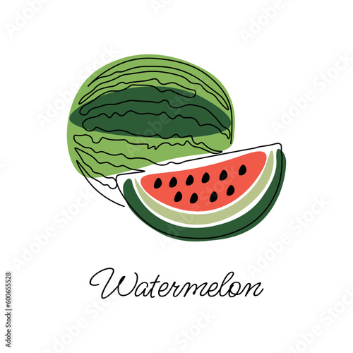 Vector illustration of watermelon with lettering. Continuous drawing with one line. Vector illustration. Black line on a white background with colored spots