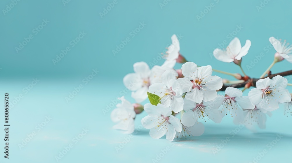  a branch with white flowers on a light blue background with copy space.  generative ai
