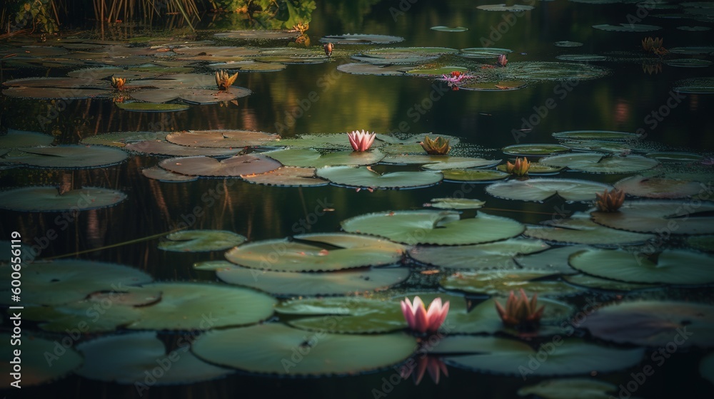  a pond filled with lily pads and water lillies floating on top of it.  generative ai - obrazy, fototapety, plakaty 