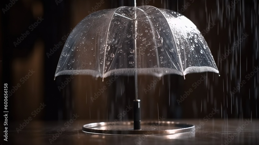  a clear umbrella sitting on top of a wooden table in the rain.  generative ai