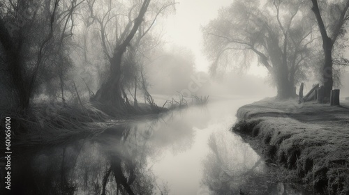  a foggy river with trees and a fence on the bank. generative ai