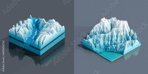 3D illustration voxels, Rocks, mountains and hills. Mountain peak iceberg.