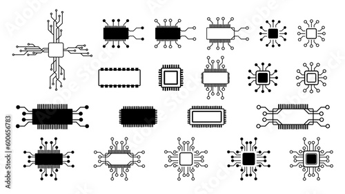 Set of simple schematic chips and components for microcircuits isolated on white background. Technical clipart. Vector element.