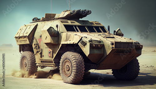 Armored SUV in sand desert with led bar on roof Generative AI