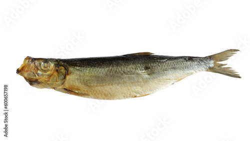 poisson fumé : bouffis, en gros plan, isolé sur un fond blanc