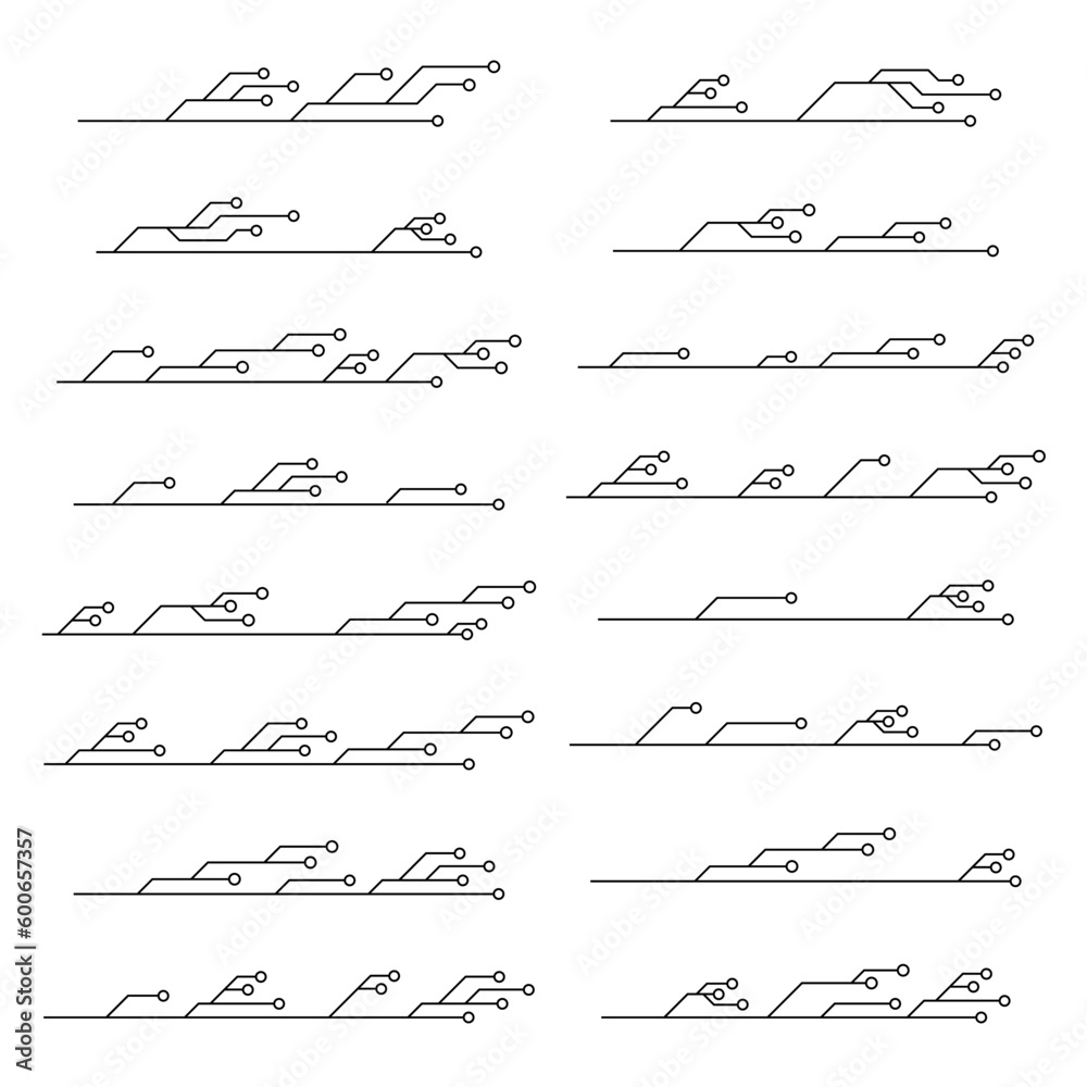 Set of printed circuit board PCB tracks isolated on white background. Technical clipart with lines and rings at the ends. Dividers for design. Design element. Set of printed circuit board PCB tracks isolated on white background. Technical clipart with lines and rings at the ends. Dividers for design. Design element.
