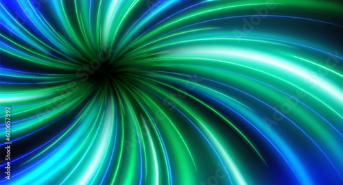 Hyperspace jump into black hole through vibrant neon space with blue and green traces of moving light. Vector realistic illustration of abstract cosmic energy tunnel, interstellar fast speed motion