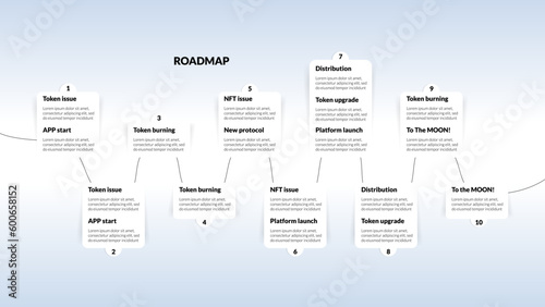 Roadmap with stickers with curled corner on light background. Timeline infographic template for business presentation. Vector.