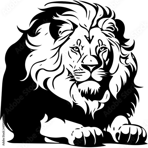 Fototapeta Naklejka Na Ścianę i Meble -  A big fur lion sitting black and white vector illustration | Lion Digital illustration, tattoo, logo