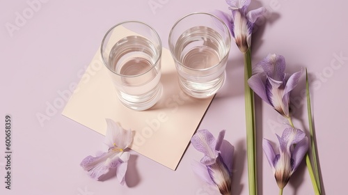  two glasses of water next to purple flowers on a pink background. generative ai