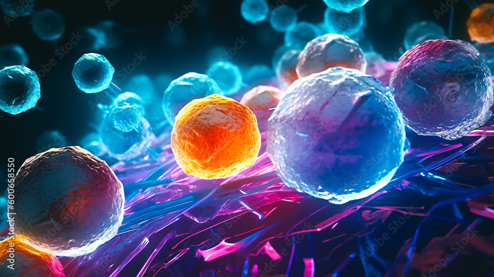 a microscopic view of stem cells with particles flowing into them Generative AI a microscopic view of stem cells with particles flowing into them Generative AI