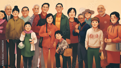 an illustration of a group of Asian people of different ages and genders, standing side by side Generative AI © catalin
