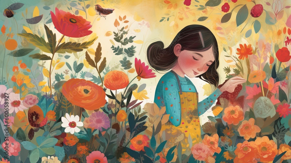 a painting of a girl standing in a field of flowers. generative ai a painting of a girl standing in a field of flowers. generative ai