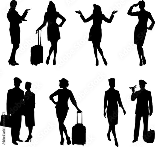 "Airline Crew Silhouette with Flight Captain and Air Hostess"
"Air Hostess and Captain Silhouette with Flight Crew"