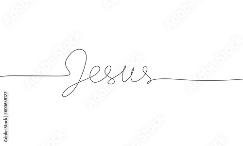 The word "JESUS". Jesus black brush calligraphy banner. One line continuous handwriting line art vector illustration.