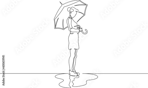 One continuous line. Girl under an umbrella. Young woman in the rain with an umbrella in her hand. Reflection in a puddle. One continuous line drawn isolated, white background.