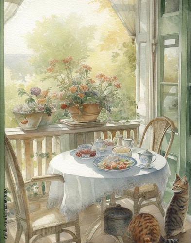 Watercolor drawing of a vintage summer veranda, summer breakfast on the balcony, pastel colors photo