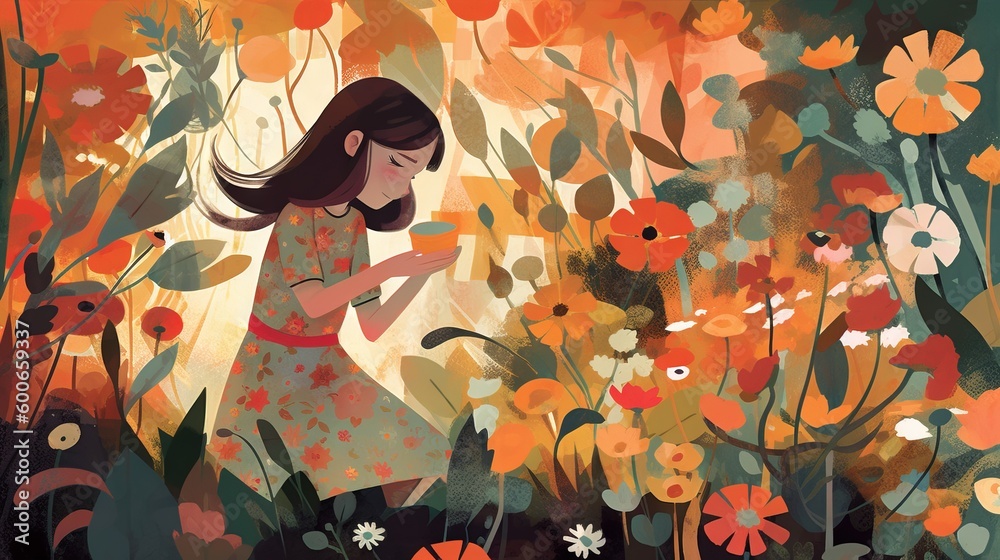  a painting of a girl in a field of flowers looking at her cell phone.  generative ai