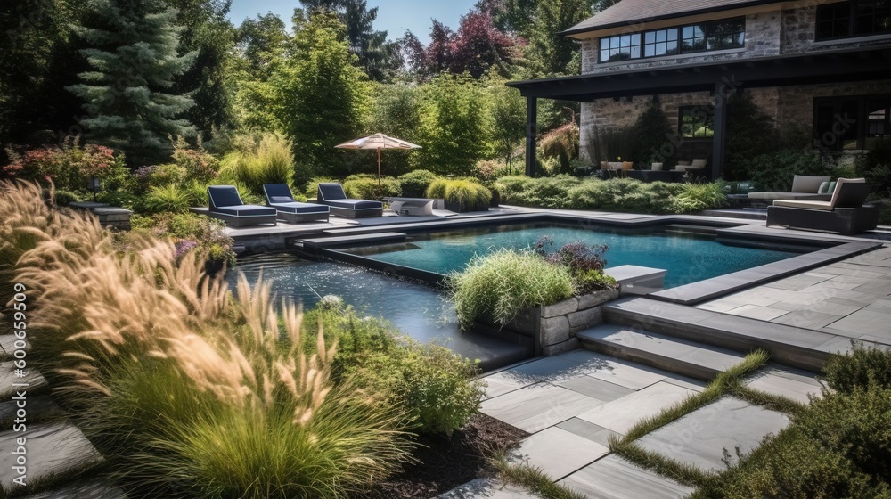 a pool surrounded by a stone patio and a patio with chairs. generative ai a pool surrounded by a stone patio and a patio with chairs. generative ai